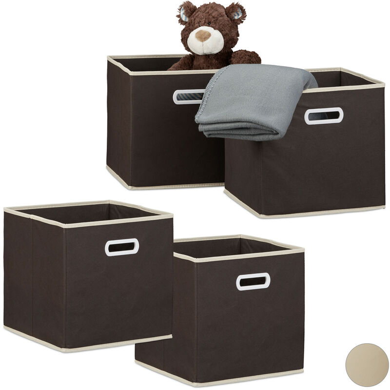 Boîte de rangement pliable, lot de 4, caisses ouvertes, HxLxP : 30 x 30 x 30 cm, pliante coffre, avec poignée, marron