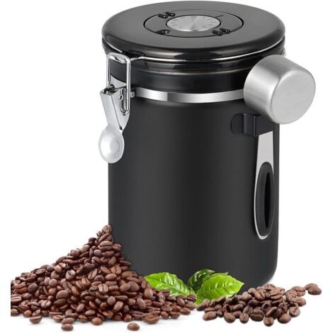 Bote hermético de acero inoxidable de 1,8 litros para café con cuchara medidora e indicador de fecha - Contenedor para almacenar granos de café - Negro