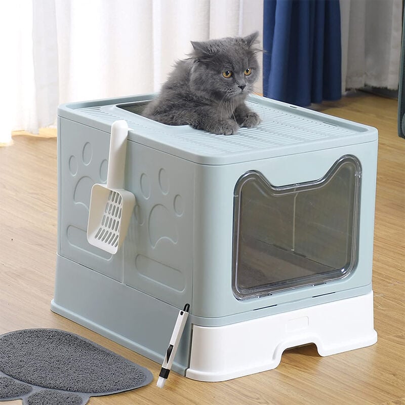 Bacàlitière pliable pour chat Entrée avant (avec panneau de porte) et sortie supérieure Très grand espace avec Bac de Tiroir et Pelle à Litière bleu