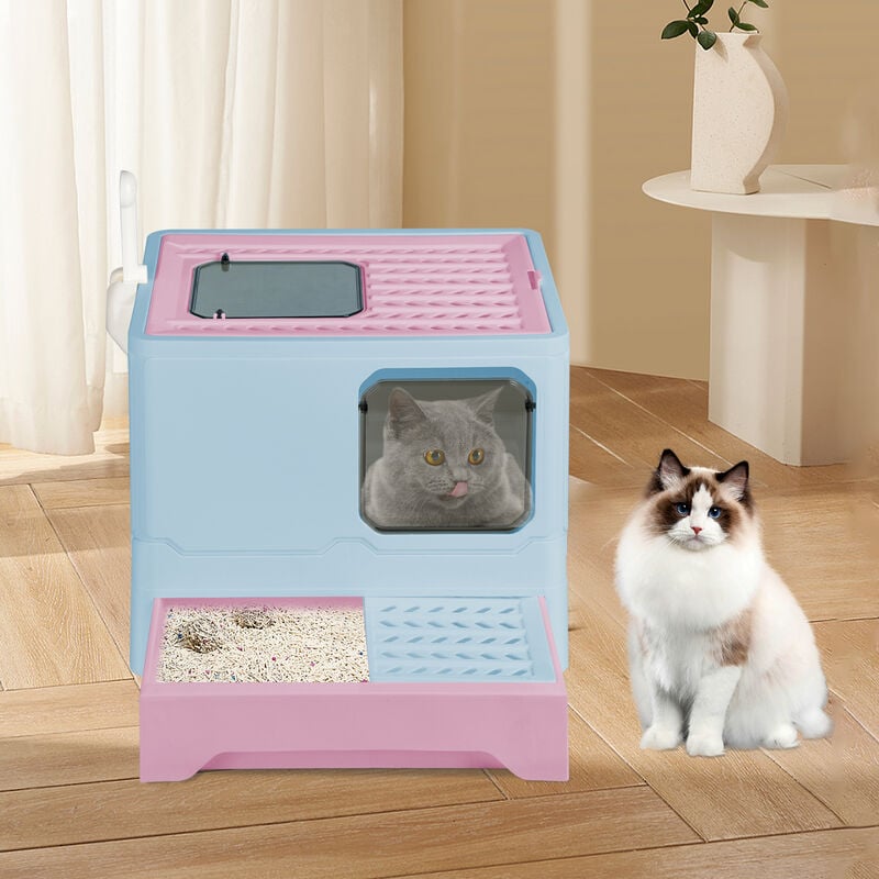 Bac à litière pliable pour chat Entrée avant (avec panneau de porte) et sortie supérieure Très grand espace avec Bac de Tiroir et Pelle à Litière bleu