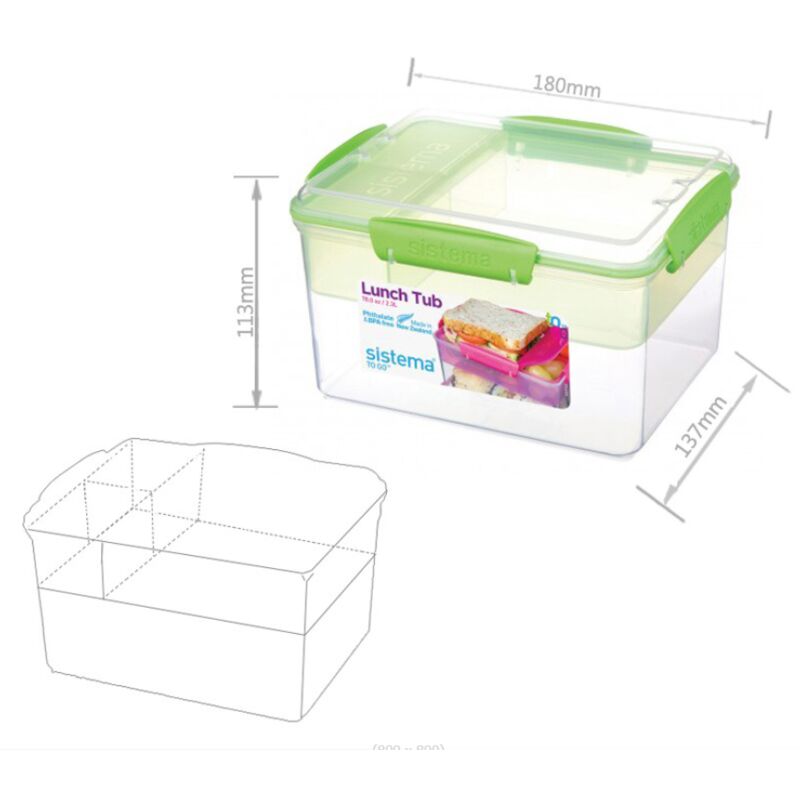 FVO - Boîte à lunch Sistema Lunch Stack Square To Go Conteneur alimentaire de 2,3 l avec compartiments de style bento Sans bpa, vert