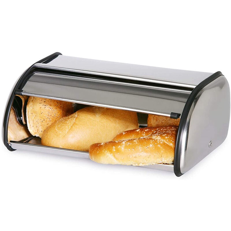 Boîte à Pain en Acier Inoxydable avec Couvercle à Roulettes et Trous d'aération, Medium (44 x 27 x 18 cm)