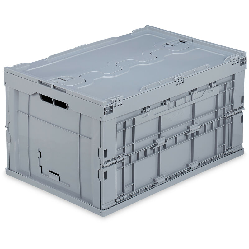 Relaxdays - Boîte pliable avec couvercle, caisse, rangement, plastique, coffre 60 litres, HxLxP :31,5x59,5x39,5 cm, gris