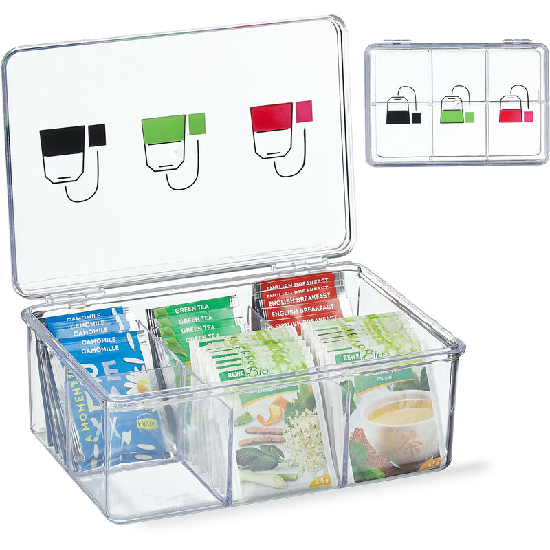 Boîte à thé, plastique, 6 casiers, couvercle, rangement sachets tisane, HxLxP : 9 x 21,5 x 15 cm, transparent - Relaxdays