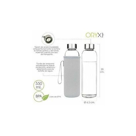 Botella Agua Cristal 550 ml. Funda Neopreno con Asa. Sin BPA