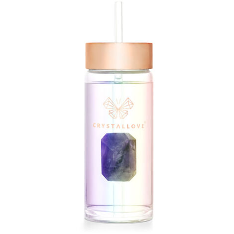 Botella de agua de vidrio CRYSTALLOVE con amatista y pajita (400 ml) - Holograma