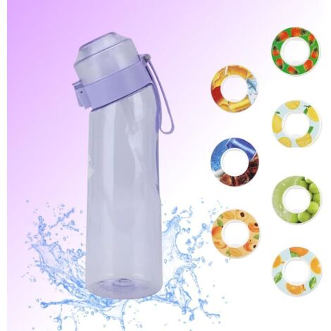 Botella de agua genérica Air Gourde, con 7 cápsulas, 650 ml, cápsulas de sabor, botella de agua perfumada, sabor a frutas, ecológica, sin BPA, deportiva, infantil, con pajita, paquete de inicio (morad
