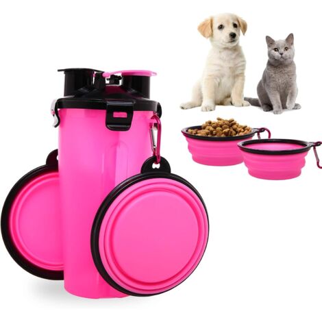 Botella de agua para perro con 2 cuencos plegables, botella de agua portátil 2 en 1 y comida para perros, gatos, mascotas, botella de viaje para caminar, hacer ejercicio, senderismo, camping (rosa)