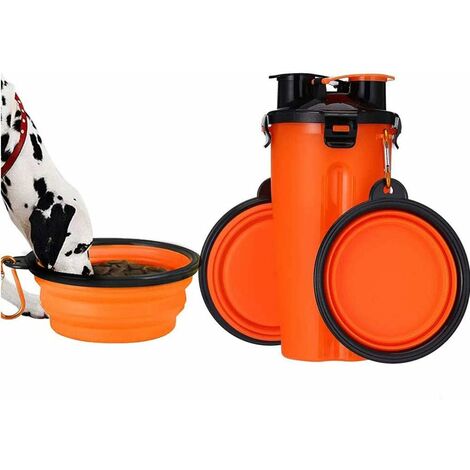 Botella de agua para perros con 2 tazones plegables, botella de agua portátil 2 en 1 y comida para perros, gatos, mascotas, botella de viaje para caminar, hacer ejercicio, caminar, acampar (naranja)