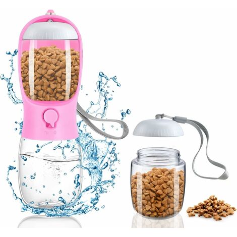 Botella de agua portátil para perros, botella de agua para perros con filtro de carbón activado de 300 ml, botella de agua de viaje para mascotas con botella de comida para perros de 100 ml, color ros