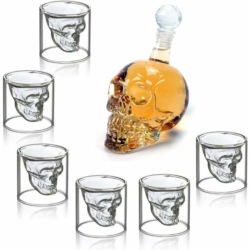 

Botella de Vidrio con Forma de Calavera, 350 ml con 6 Vasos de Chupito de 75 ml Ideal para Whisky, Vodka o Vino Favorito, Idea de Regalo para Navidad