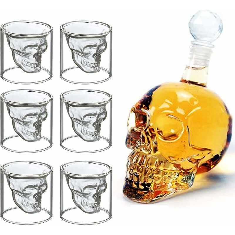 

Botella de Vidrio con Forma de Calavera, 700 ml con 6 Vasos de Chupito de 75 ml Ideal para Whisky, Vodka o Vino Favorito, Idea de Regalo para Navidad
