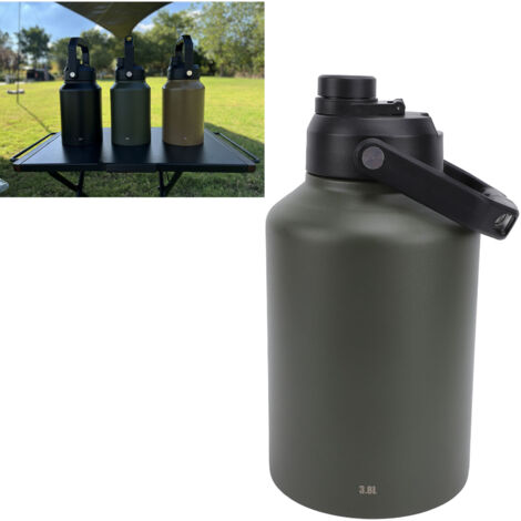 Botella deportiva de 3,8 litros: botella de agua de acero inoxidable con doble pared aislante para acampar, hacer ejercicio y mucho más (verde militar).