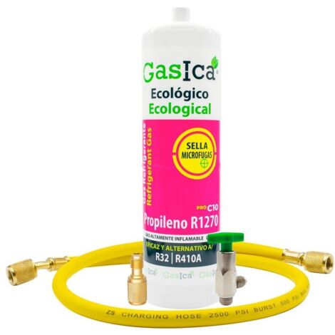 Botella Gas refrigerante GASICA C10  compatible con R32 R410A válvula incluida, manguera y adaptador
