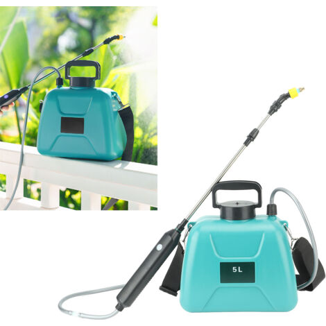 Botella pulverizadora eléctrica recargable por USB de 5 litros y 2400 mAh con asa, 3 boquillas y función de pulverización automática a batería para uso en jardín, agricultura y hogar.