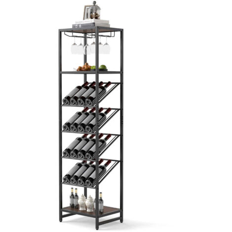 Botellero de pie 45 x 35 x 171 cm capacidad para 16 botellas y 6 copas estilo rústico metal negro y madera 200013345