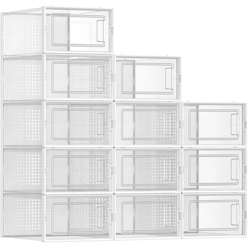 Boîtes à Chaussures, Lot de 12, Rangement Chaussures, Pliable, pour Pointure jusqu'à 44, Transparent et Blanc - Songmics
