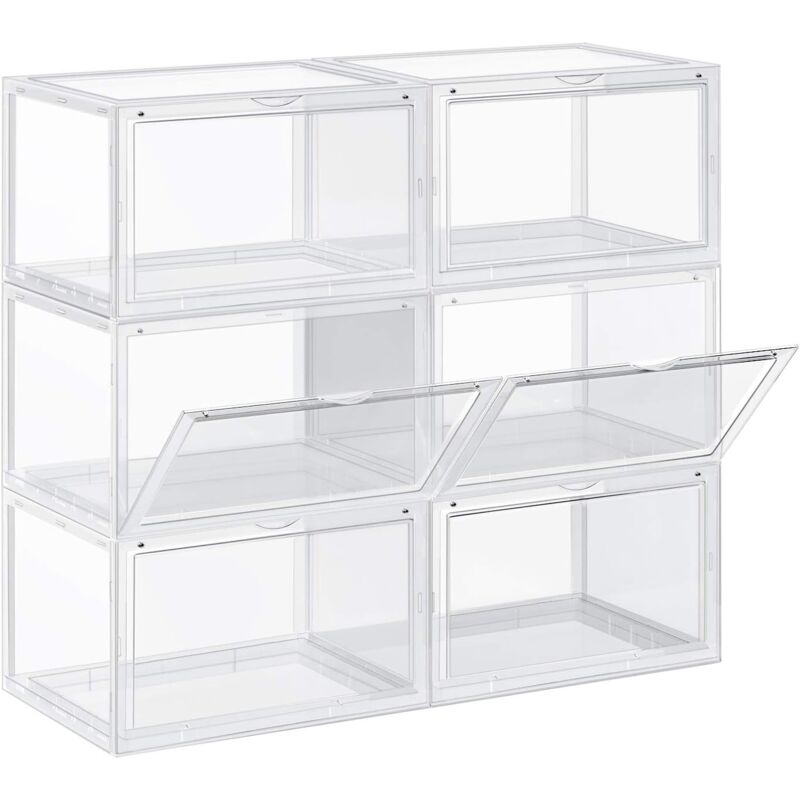 Songmics - Boîtes à Chaussures, Lot de 6, Coffre de Rangement, empilable, avec Porte, en Plastique, Pointure Jusqu'à 46, 36 x 28 x 22 cm, Transparent