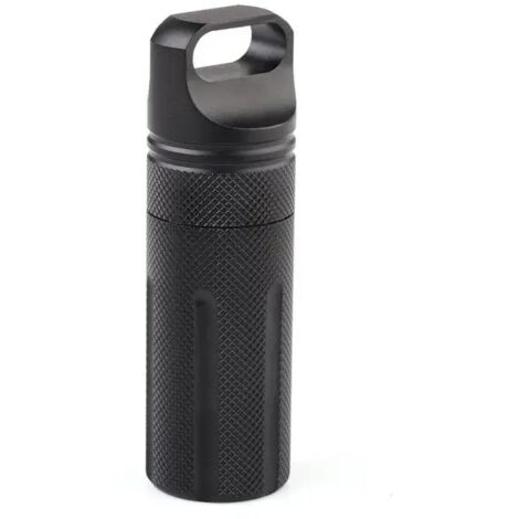 Botiquín de primeros auxilios impermeable para exteriores, fabricado en aluminio, con frasco de seguridad para pastillas de supervivencia y soporte para cigarrillos EDC para acampar, color negro.