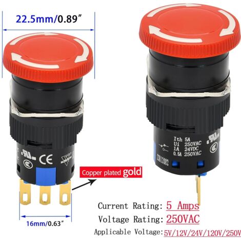 Botón pulsador de parada de emergencia en forma de hongo rojo, 16 mm, 5 A, bloqueo SPDT, orificio de 5/8 de pulgada con pequeña cubierta protectora anticolisión