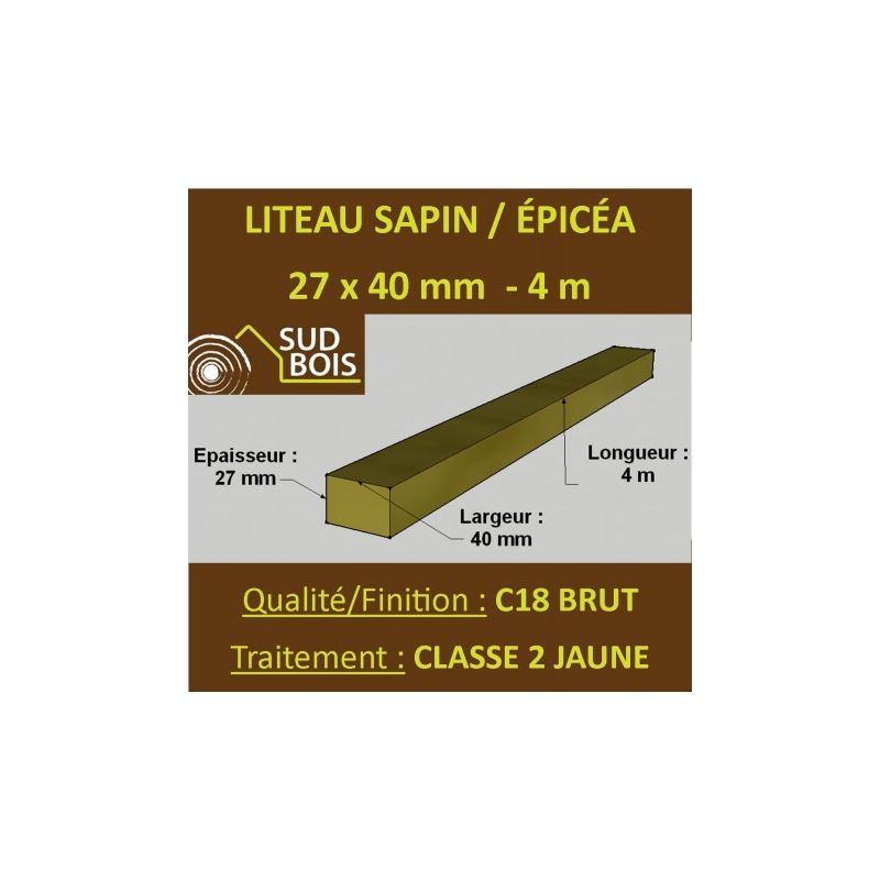 Botte De 12 Liteaux 27x40mm Sapin épicéa Brut Traité Cl 2 Jaune 4m