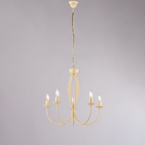Botte Lustre En Fer Laqué Ivoire À Décor Effet Décapé, 5 Lumières 113 D.55 Bl147-5-Av
