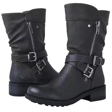 Bottes motardes mi-mollet pour femme, largeur large, fermeture éclair et boucle - Pointure 35 - Noir