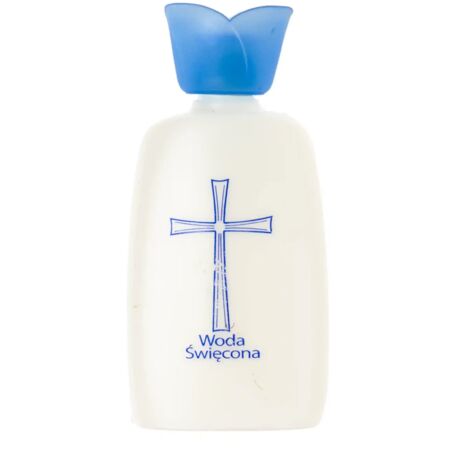 Bottiglia per l'acqua santa, piccola, in plastica, bianca e blu, 10,5 cm