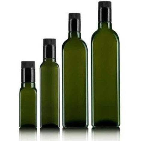 Bottiglia per olio Marasca - con tappo VARIE MISURE DA LT 0,100 LT 0,250 LT 0,500 LT 0,750 LT 1.00 - Specifiche: capacità lt.0,25 - vetro verde - 48 pz