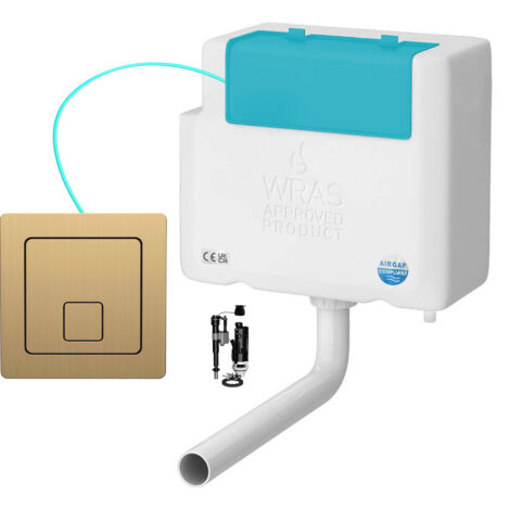 Bottom Entry Concealed Toilet Cistern WC with Dual Flush Brushed Brass Square Button - Includes WRAS Internals & Pipe