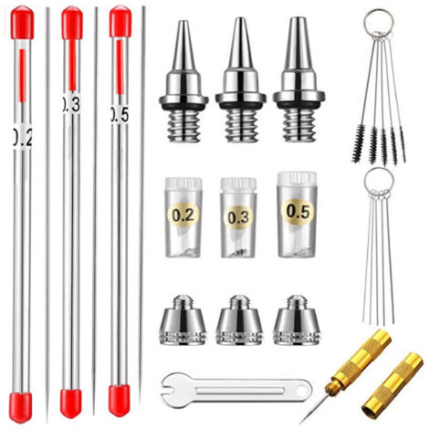 Bouchon de buse, aiguille et buse pour aérographe, 0,2 mm, 0,3 mm, 0,5 mm, Pièces de rechange pour aérographe,avec kit de nettoyage