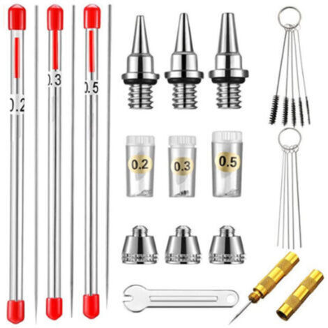 Bouchon de buse, aiguille et buse pour aérographe, 0,2 mm, 0,3 mm, 0,5 mm, Pièces de rechange pour aérographe,avec kit de nettoyage