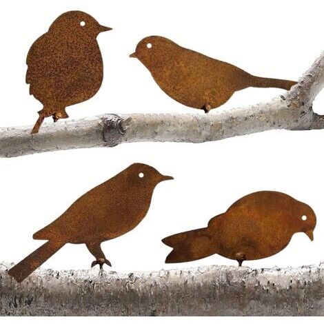 Bouchon de Jardin Décoration Rouille,4 Oiseaux Métal avec Vis,Oiseaux Jardin Silhouette Décoration,Décoration de Jardin en Métal avec Patine Effet Rouille,Décoration de Jardin