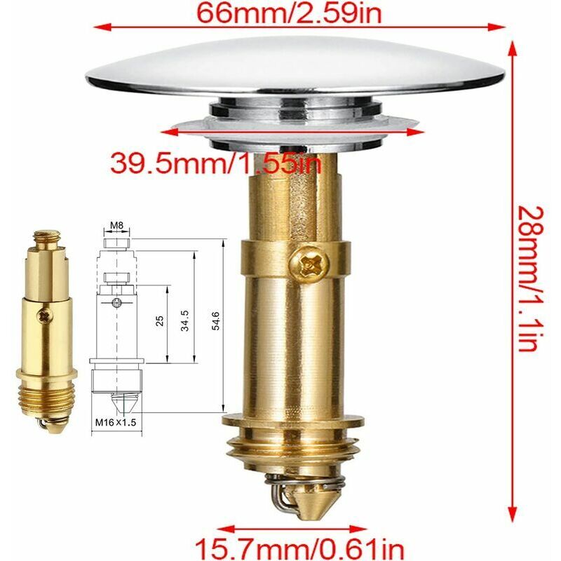 Start - Bouchon de Lavabo,Bonde clic-clac pop-up 66 mm pour lavabo de salle de bain, lavabo de cuisine, lavabo en laiton massif chromé