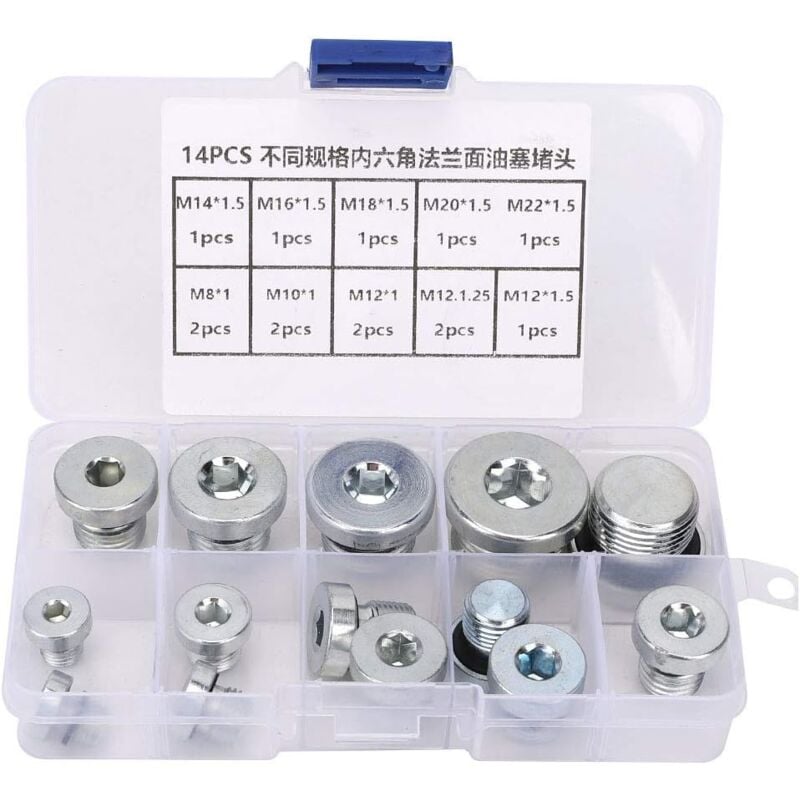 Bouchon de vidange de carter d'huile, 14 pièces de bouchon de vidange à douille hexagonale, écrou de vidange de carter à bride d'huile, ensemble