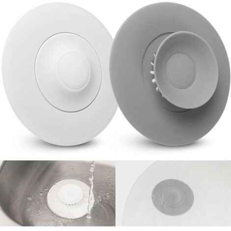 Bouchon d'Écoulement Universel, 2 Unités, Ø 11 cm, Blanc + Gris, Silicone, Filtre Intégré pour Restes de Nourriture et Cheveux, Drains jusqu'à Ø 80 mm pour Évier, Lavabo, Baignoire, Filt