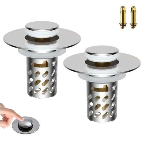 Bouchon d'évier pliable universel, crépine en acier inoxydable avec panier filtrant amovible pour éviers de 2,8 à 6 cm, noyau avec bouton-poussoir, bouchon d'évier, récupérateur de cheveux, lot de 2