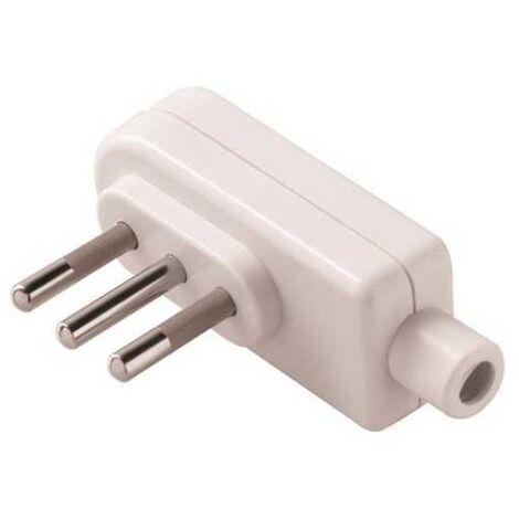 Bouchon italien Plate 2P+T 10A SPA11 Blanc Sortie de câble à 90°