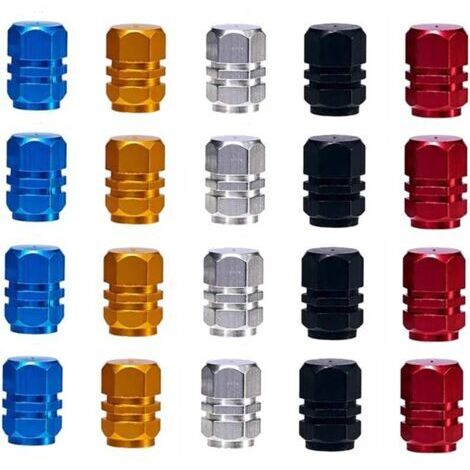 Bouchons de Valve,Bouchons de Soupape 20 Pack Anti-poussière Capuchons de Poussièree Alliage d'aluminium de Pneu pour Moto Voiture Vélo Argent Rouge Bleu Noir