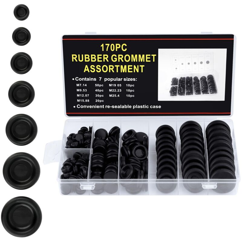Bouchons en Caoutchouc 170 Pièces, Assortiment Oeillet en Caoutchouc Noir 7 Tailles Passe Fils Caoutchouc Joints de Prise pour Câble et Connecteur