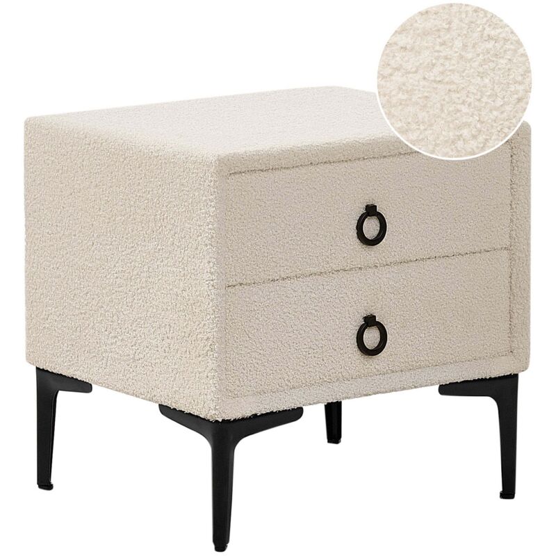 Beliani - Boucle Bedside Table Nightstand Off-white 2 Storage Drawers Black Metal Legs Sezanne