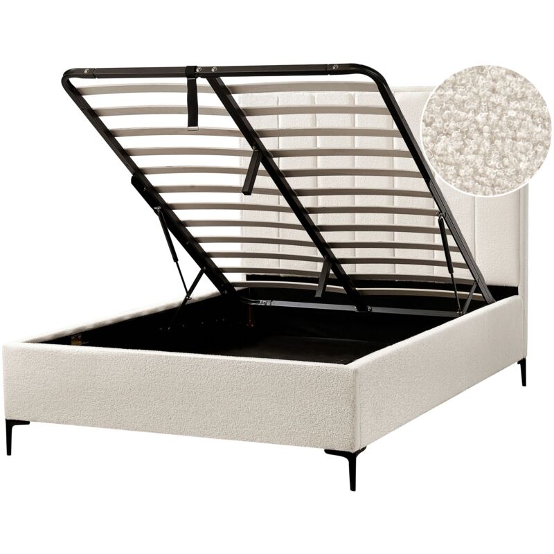 Beliani Boucle Eu Double Size Bed Frame 4ft6 Off-white Ottoman Storage Sezanne