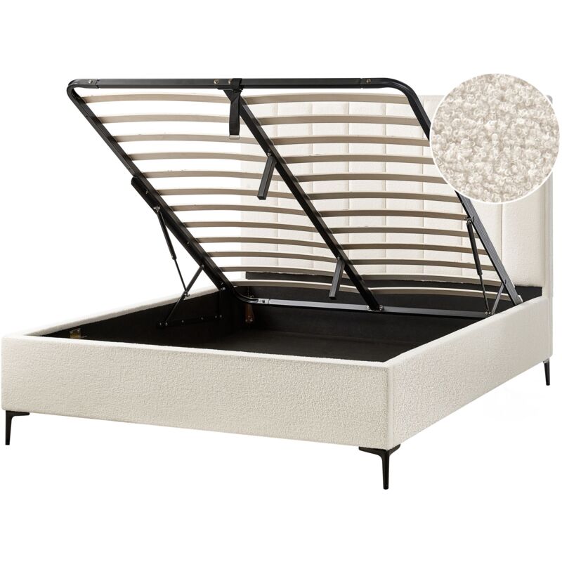Beliani Boucle Eu King Size Bed Frame 5ft3 Off-white Ottoman Storage Sezanne