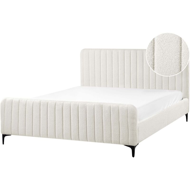 Beliani Boucle Eu King Size Bed Tufted Headboard 5ft3 Metal Legs Slatted Base Off White Lunan