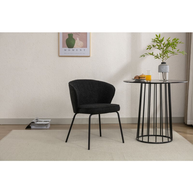 Boucle Fabric Wing back Armchair Accent Chair Dining Chair with Black Powder Coating Metal Leg, Black