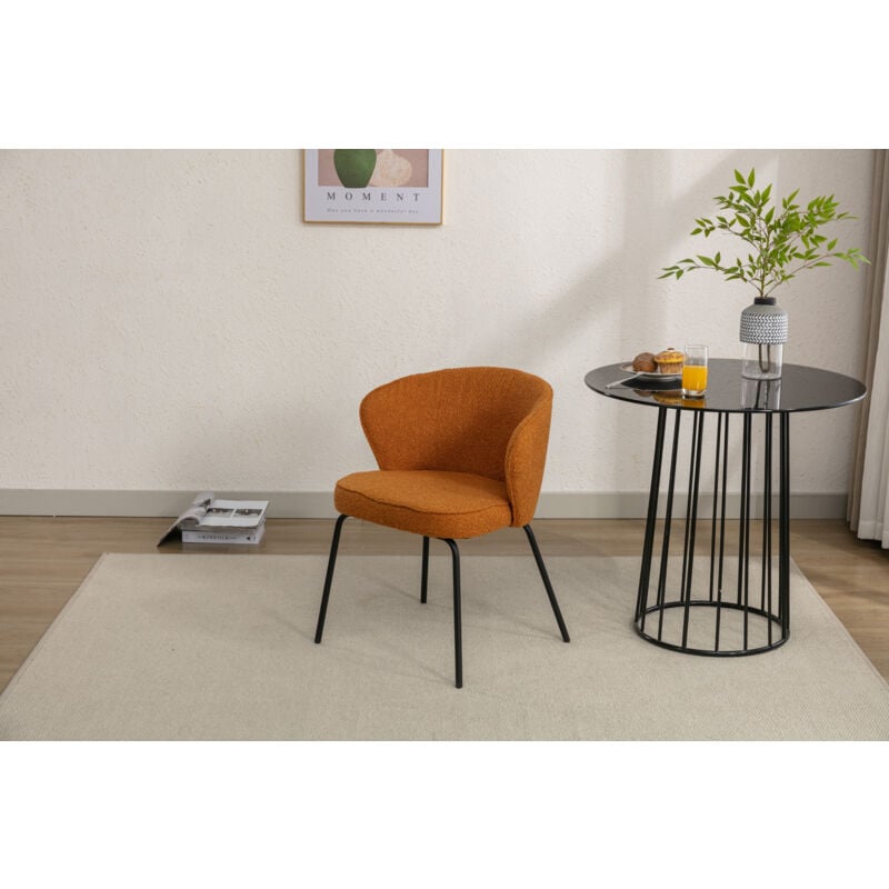 Boucle Fabric Wing back Armchair Accent Chair Dining Chair with Black Powder Coating Metal Leg, Orange
