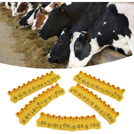 Boucles d'oreille TPU pour bovins et porcs numérotées 001‑100 - 100 pièces jaunes - Accessoires d'élevage agricole