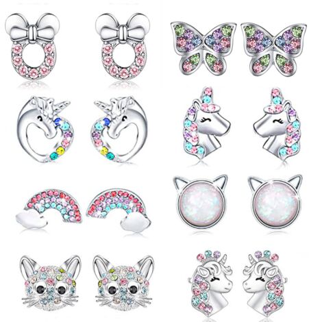 Boucles d'oreilles licorne en argent pour filles hypoallergéniques boucles d'oreilles mignonnes licorne bijoux ensemble de 8 pièces