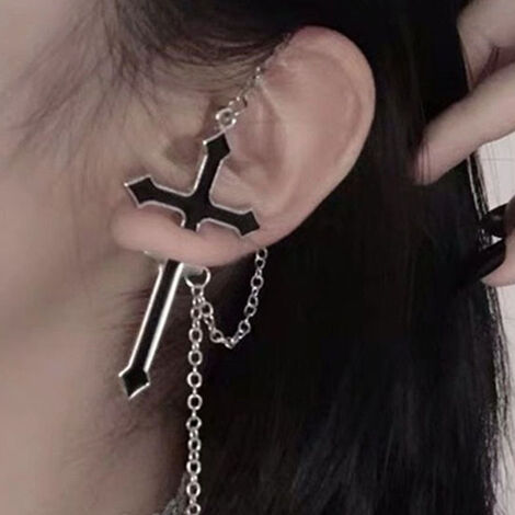 Boucles d'oreilles longue chaîne mode oreille Clips cerceau boucle d'oreille croix série boucles d'oreilles femmes filles bijoux Punk Rock goutte Pendiente noir