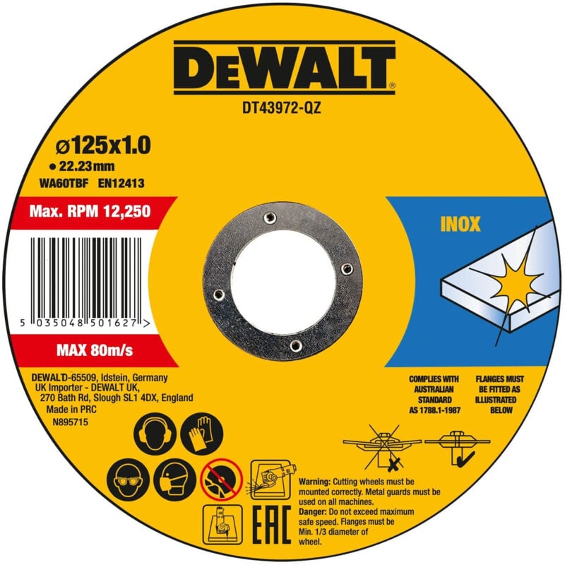 Dewalt DT43972-QZ lot de 10 disques thermocollés haute performance coupe rapide 125 mm x 1 mm x 22,23 mm